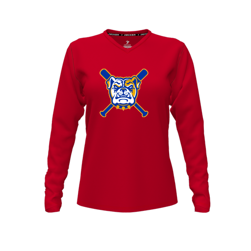 [CUS-DFW-TEES-PER-VNK-LSL-RED-FYXS-LOGO1] Performance T-Shirt (Female Youth XS, Red, V Neck, Logo 1, Long Sleeve)